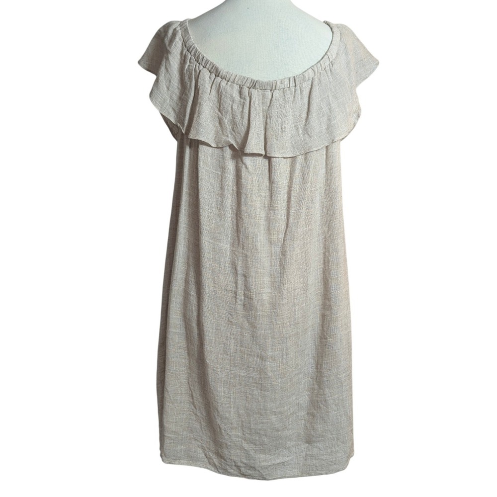 Laju‎ Womens Medium Oatmeal Linen Blend Ruffle Neck Shift Dress Beige Summer